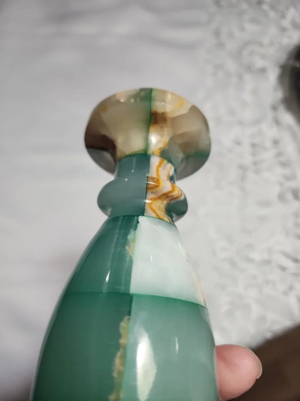 Vintage Green Onyx Stone Vase Checkered Mosaic Patchwork Design  Teal Gorgeous